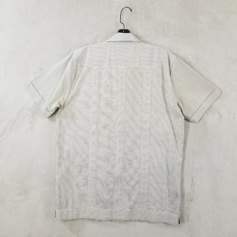 Vtg David Taylor Guayabera Shirt M Gray White Striped Embroidered Camp‎ Sears